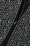 Albicocca moda sexy patchwork perforazione a caldo semitrasparente abito senza maniche a collo alto
