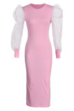 Розовые модные повседневные однотонные лоскутные платья с круглым вырезом и длинными рукавами