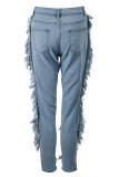 Babyblaue, modische, lässige, solide, zerrissene Patchwork-Jeans mit hoher Taille