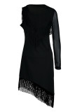 Moda preta sexy patchwork borla transparente assimétrico decote em O vestidos de manga comprida