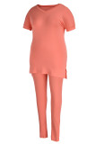 Оранжево-розовый Модный повседневный сплошной разрез с V-образным вырезом Плюс размер Из двух частей