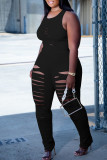 Black Sexy Solid Hollowed Out Patchwork O Neck Plus Size Two Pieces