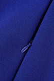 Blauwe mode casual effen patchwork O-hals jurk met korte mouwen