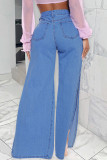 Mellanblå Mode Casual Print Patchwork Slits Hög midja Vanliga jeans jeans