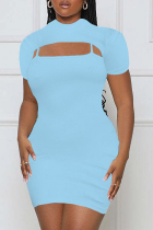Sky Blue Sexy Solid Hollowed Out U Neck Short Sleeve Two Pieces