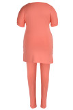 Rosa Vermelho Moda Casual Sólida Com Decote V Plus Size Duas Peças