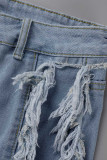 Baby Blue Fashion Casual Solid Ripped Patchwork High Waist Skinny Denim Jeans