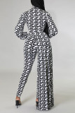 Negro blanco moda casual estampado patchwork asimétrico medio cuello alto manga larga dos piezas