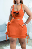 Tangerine Red Casual Print Bandage Patchwork Spaghetti Strap Plus Size Two Pieces