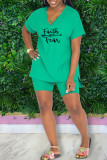 Green Fashion Casual Print Slit V Neck Short Sleeve Two Pieces