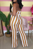 Earth Yellow Fashion Casual Striped Print Backless Halfter Regular Jumpsuits