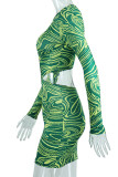 Grüner sexy Druck ausgehöhlter Patchwork-Bleistiftrock-Kleider mit O-Ausschnitt