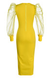 Robes à manches longues à col rond et à la mode décontractées jaunes
