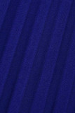 Blaue, lässige, solide Patchwork-Volantfalte, gerade Kleider mit asymmetrischem Kragen
