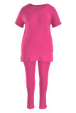 Laranja Rosa Moda Casual Sólida Com Decote V Plus Size Duas Peças