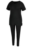 ブラックファッションカジュアルソリッドスリットVネックプラスサイズツーピース