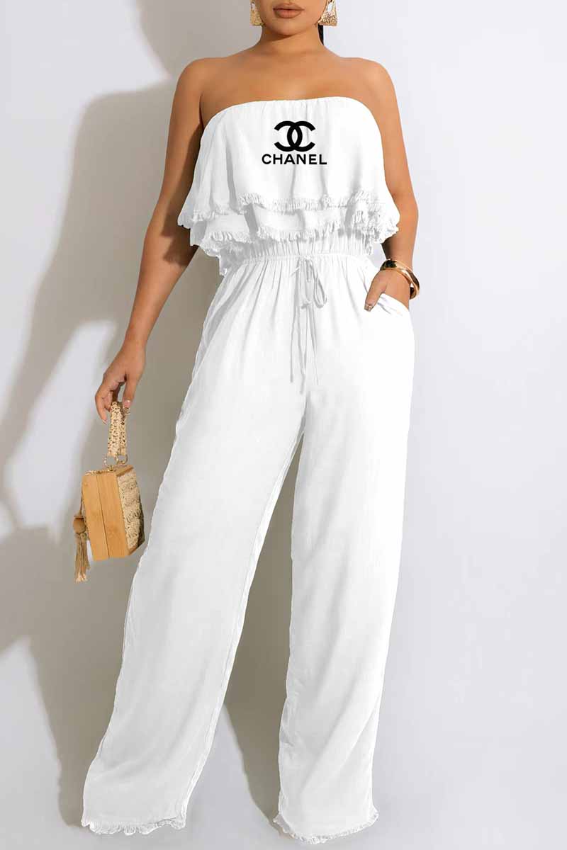 

White Fashion Casual Print Patchwork Letter Strapless Jumpsuits