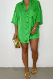 Green Casual Solid Patchwork Buckle Turndown Collar Short Sleeve Two Pieces
