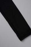 Schwarze, modische, sexy Patchwork-Quaste, durchsichtige, asymmetrische, langärmlige Kleider mit O-Ausschnitt