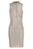 Apricot Fashion Sexy Patchwork Hot Drilling See-through Half A Turtleneck Sleeveless Dress