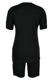 ブラックファッションカジュアルレタープリントベーシックOネック半袖ツーピース