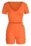 オレンジファッションカジュアルソリッド包帯Vネック半袖ツーピース
