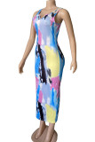 Цветной сексуальный принт в стиле пэчворк с U-образным вырезом, одноступенчатые юбки, платья