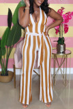 Earth Yellow Fashion Casual Striped Print Backless Halfter Regular Jumpsuits