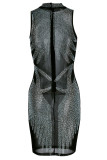 Schwarze Mode Sexy Patchwork Hot Drilling Durchsichtiges halbes ärmelloses Kleid mit Rollkragen
