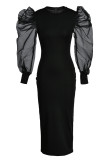 Zwarte mode casual effen patchwork O-hals jurken met lange mouwen