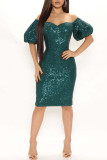Apricot Elegant Solid Sequins Patchwork Off the Shoulder One Step Skirt Dresses