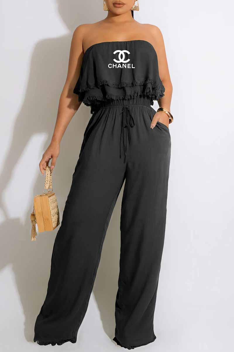 

Black Fashion Casual Print Patchwork Letter Strapless Jumpsuits