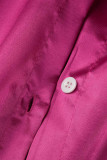ローズレッドファッションカジュアルソリッドベーシックターンダウンカラー半袖ツーピース