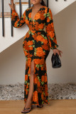 Orange Fashion Casual Print Schlitz V-Ausschnitt Langarm Kleider