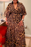 Vestidos cinza casual estampa leopardo patchwork decote em v reto plus size
