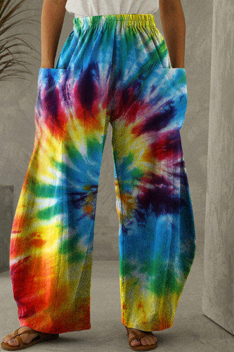 Blue Fashion Casual Print Tie Dye Patchwork Regular High Waist Trousers