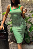 Vestidos de falda de un paso con cuello asimétrico de retazos con estampado de rayas sexy de moda verde claro