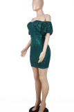 グリーンのエレガントなソリッドスパンコールパッチワークオフショルダーワンステップスカートドレス