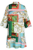 Yellow Casual Print Patchwork Buckle Turndown Collar A Line Dresses