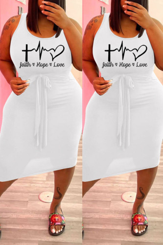 White Fashion Casual Plus Size Print Basic U Neck Vest Dress