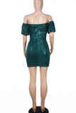 グリーンのエレガントなソリッドスパンコールパッチワークオフショルダーワンステップスカートドレス