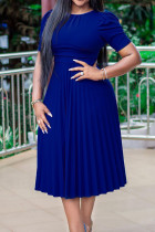 Синее модное повседневное однотонное лоскутное платье с круглым вырезом и коротким рукавом