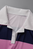 Robe décontractée grande taille imprimé rayé basique col rabattu manches courtes rose