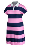 Roze mode casual plus size gestreepte print basic turndown kraag korte mouw jurk