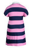 ピンクファッションカジュアルプラスサイズストライププリントベーシックターンダウンカラー半袖ワンピース