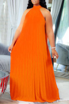 Tangerine Elegante Sólido Patchwork Pliegue Halter Una línea Vestidos de talla grande