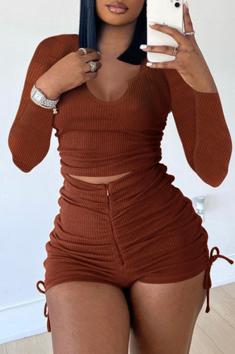 Brownness Fashion Casual Solid Fold O Neck Long Sleeve Two Pieces