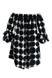 Black Casual Print Polka Dot Patchwork Off the Shoulder Plus Size Dresses
