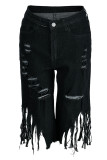 La nappa solida nera sexy di strada strappata crea i vecchi pantaloncini di jeans dritti a vita alta patchwork