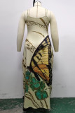 Multicolor Sexy Casual Plus Size Butterfly Print Backless Spaghetti Strap Long Dress